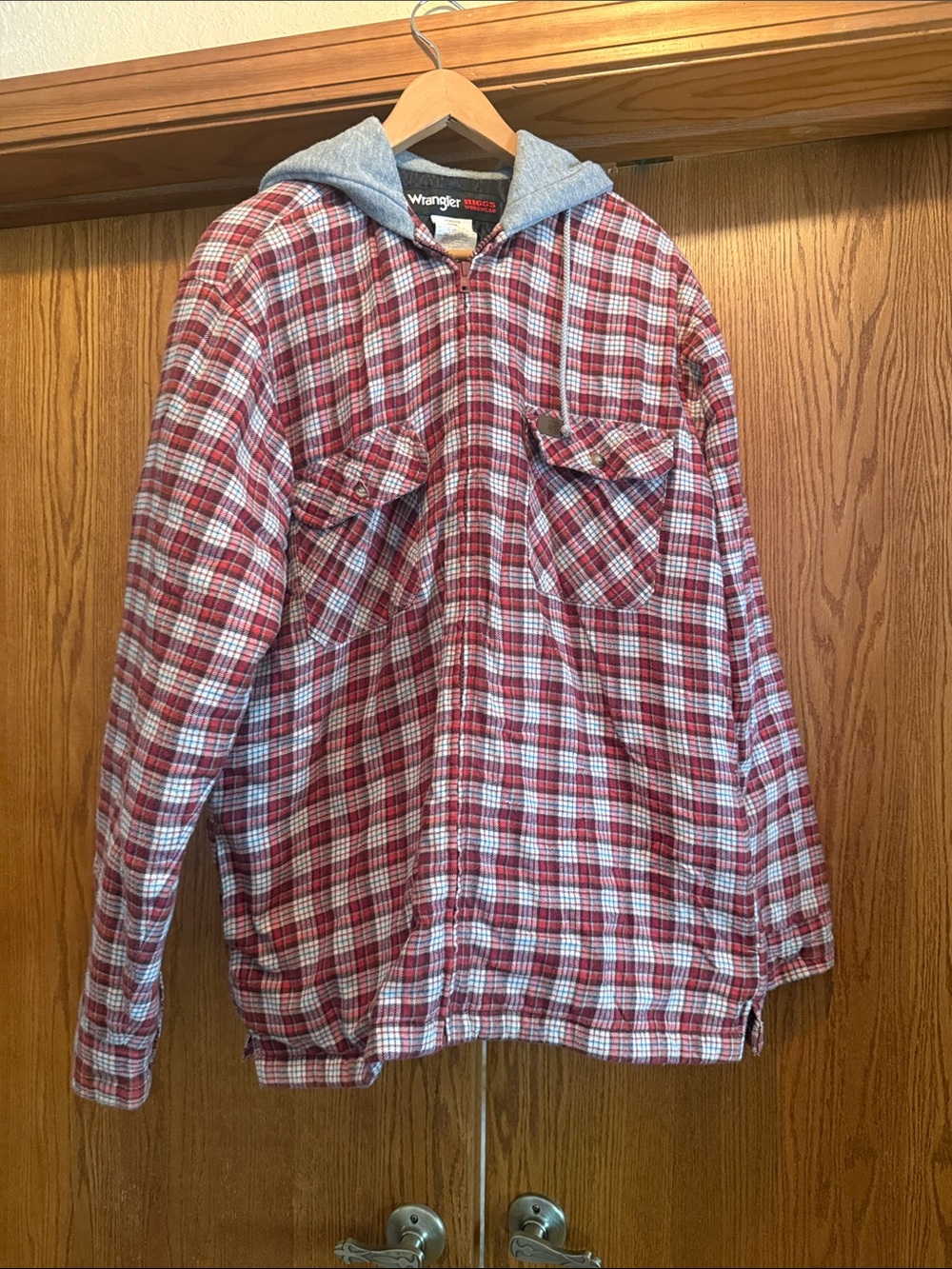 Wrangler Red and White Plaid Hooded Zip Jacket